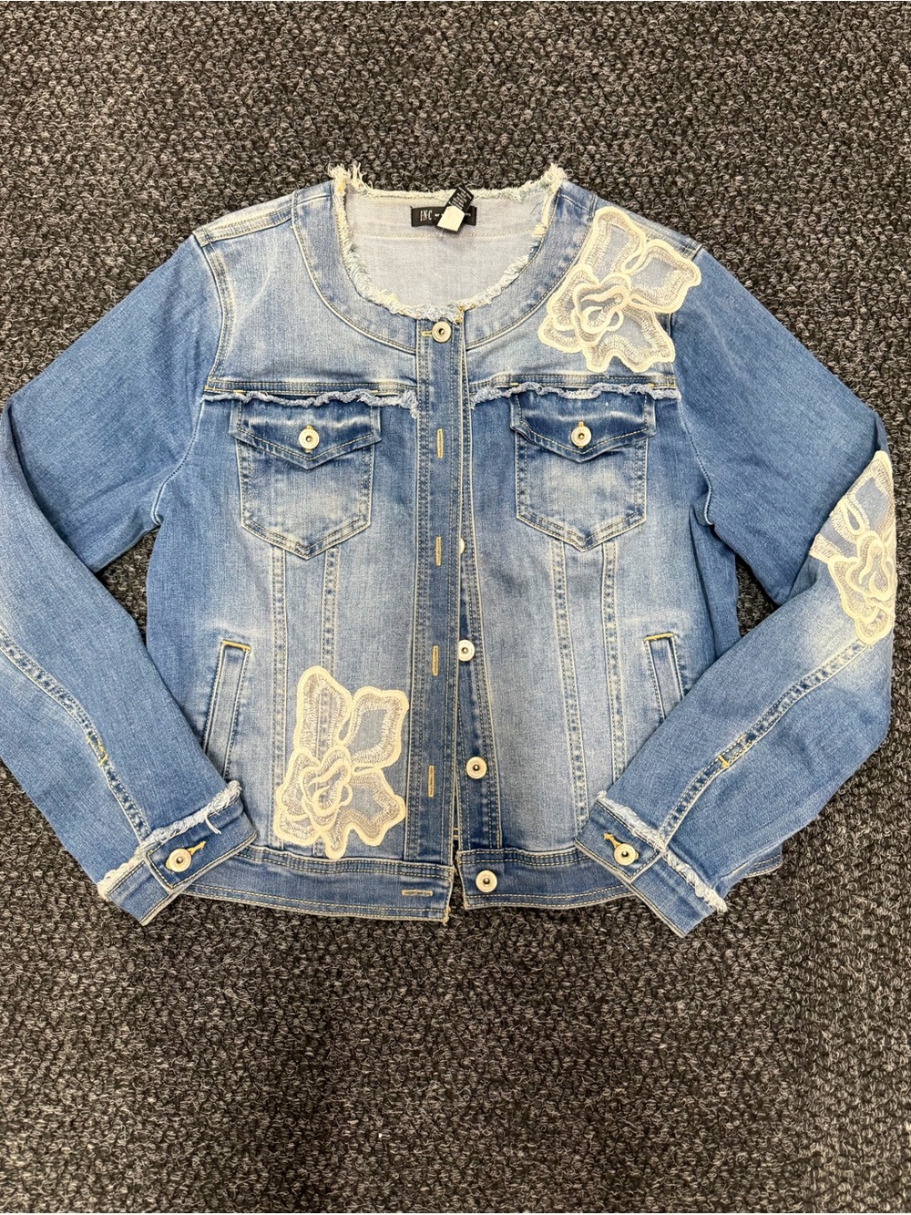 INC Women's Denim Jacket with Lace Flower Appliqué